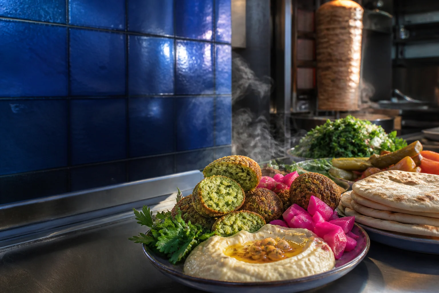 Falafel, Hummus und Pickles an einer kobaltblauen Theke
